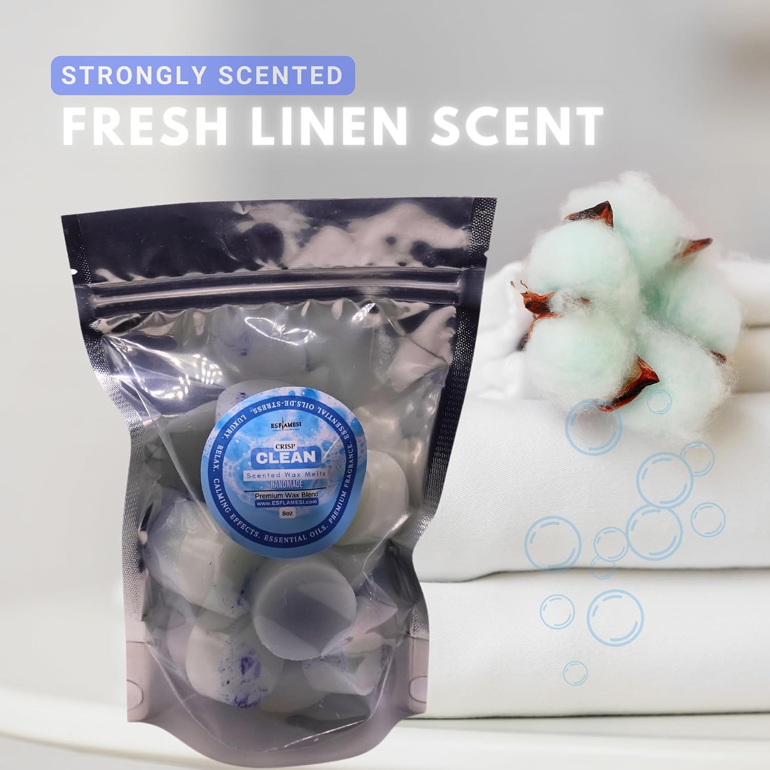 Scented Wax Melts | Crisp Clean Scent | Strongly Scented | Handmade | Large Wax Melts | Home Fragrance Gifts | USA Made | 8oz Bag
