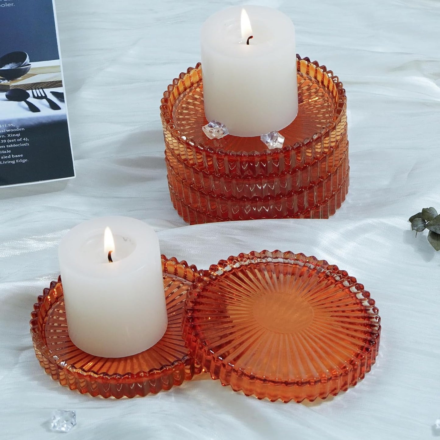 Candlestick Glass Candle Holder Plates Set of 6, Round Glass Candle Tray Plates for Dining Wedding Lantern Festival Party Evening Light, Amber