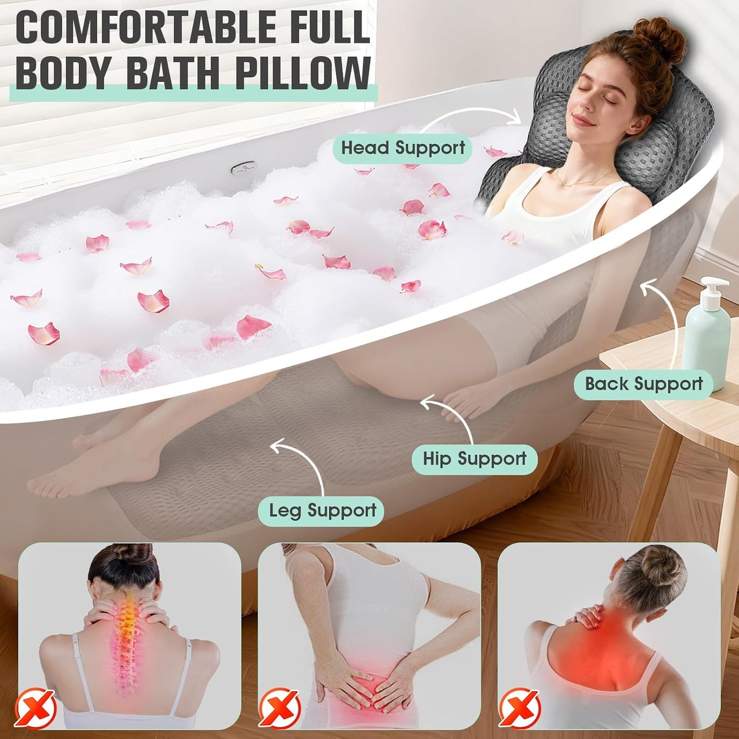 Upgraded Full Body Bath Pillow for Bathtub,Luxury Thick Bath Cushion for Soaking Tub with 192 Suction Cups,Full Body Bathtub Pillows for Head and Neck Shoulder Support,4D Air Mesh, 53" x 16" Dark Gray