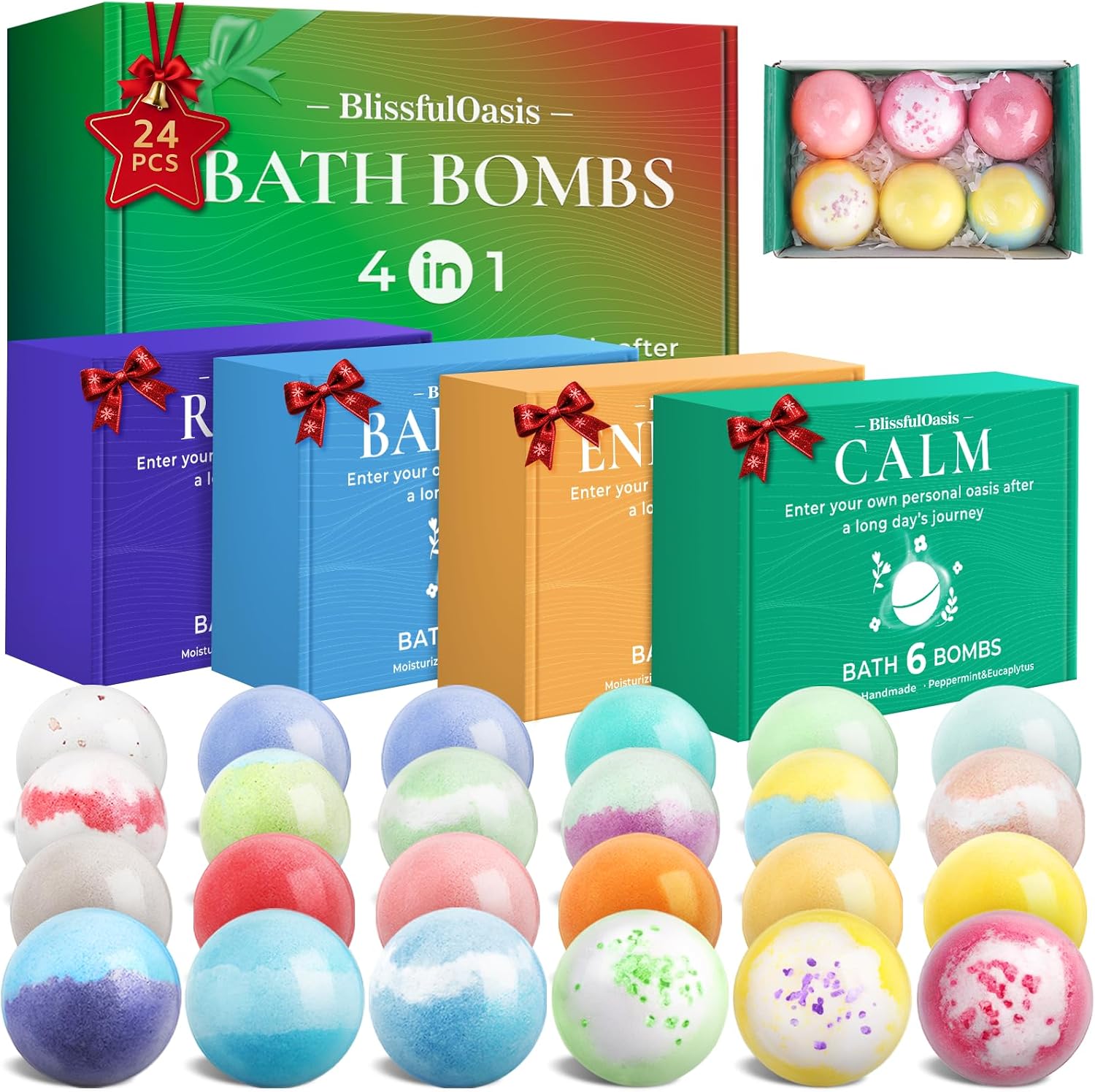 BlissfulOasis Bath Bombs Set, 24 Pcs Shower Bombs with 6 Refreshing Scents, Perfect for Moisturizing & Relaxing, Ideal for Birthday, Mother's Day, Valentine's Day Present Giving, Presents for Women