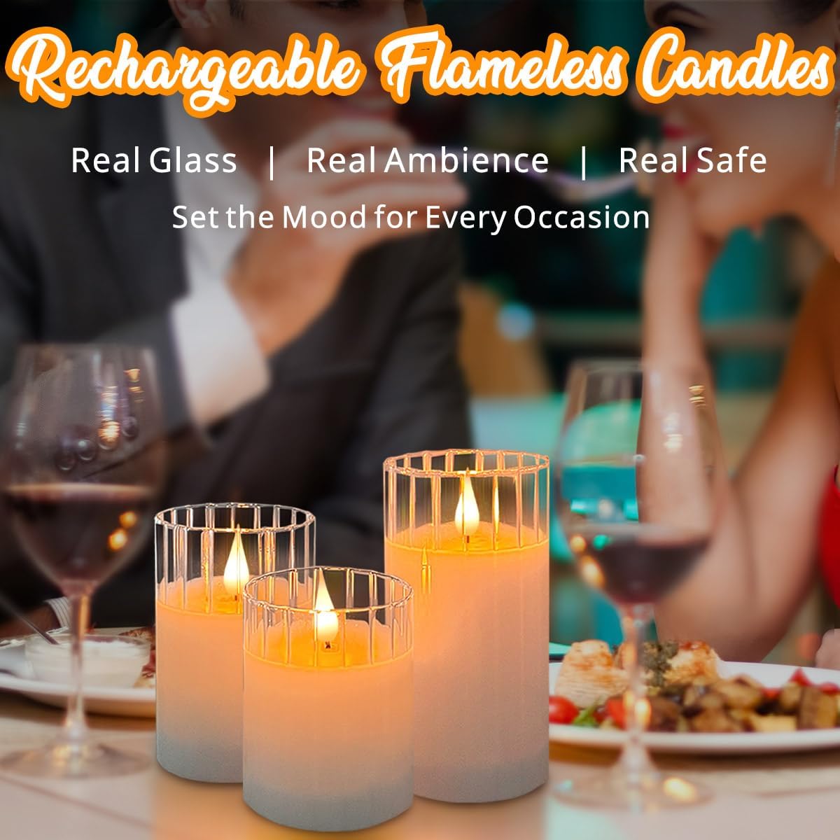LEDHOLYT Rechargeable Flameless Glass Pillar Candles – Remote & Timer – Set of 3 White Stripes Realistic Flickering LED Light, Ideal for Living Room, Bedroom & Holiday Décor& Gifts for Women