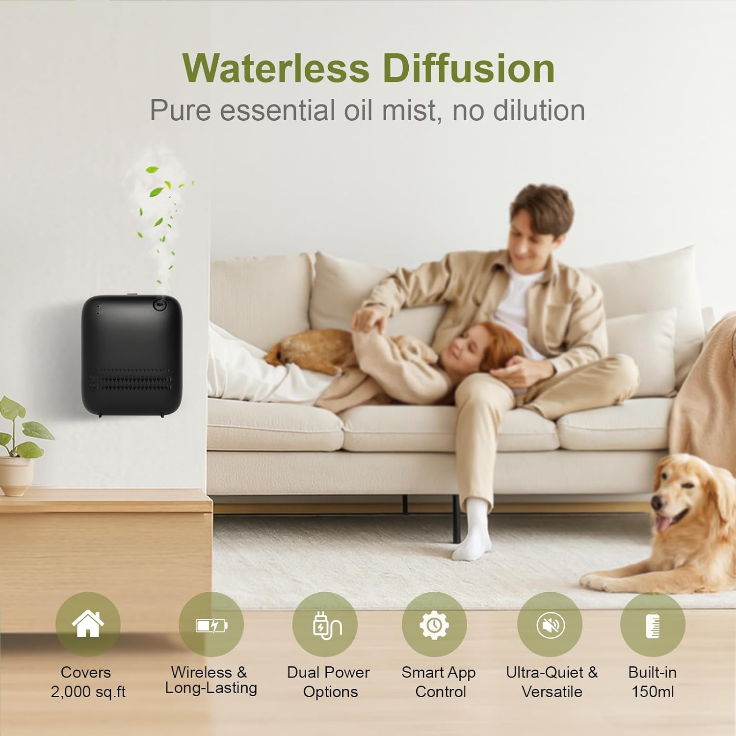 Waterless Diffuser,2000 Sq Ft,USB Plug-in&Battery,Safety Lock,Quiet,Bluetooth App,Hotel Home Collection Scent Machine - Black