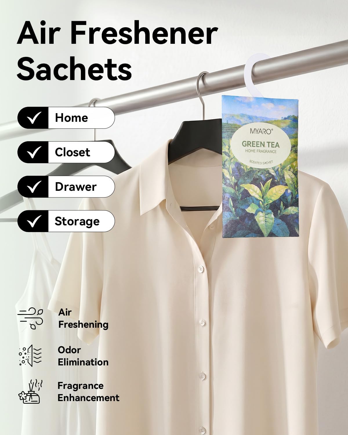 MYARO Hanging Sachets Air Freshener for Home: 12 Packs Clean & Fresh Hanging Scented Sachet Bags for Closet, Clothes, Lingerie Drawer, Car, Bedroom, Laundry Fragrance Gift for New House (Green Tea)
