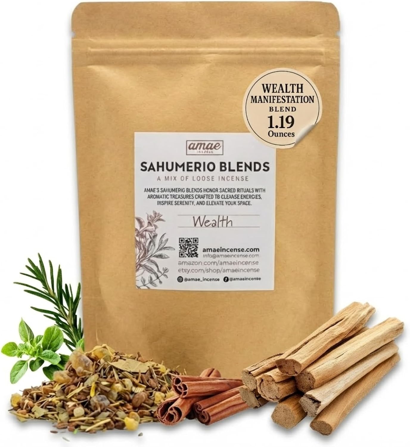 Natural Resin, Herbs & Essence Wealth Manifestation Mix - Blend with Frankincense, Sandalwood, Cinnamon & Copal - Grounding Loose Incense for Abundance Rituals & Meditation - 1.19 oz.