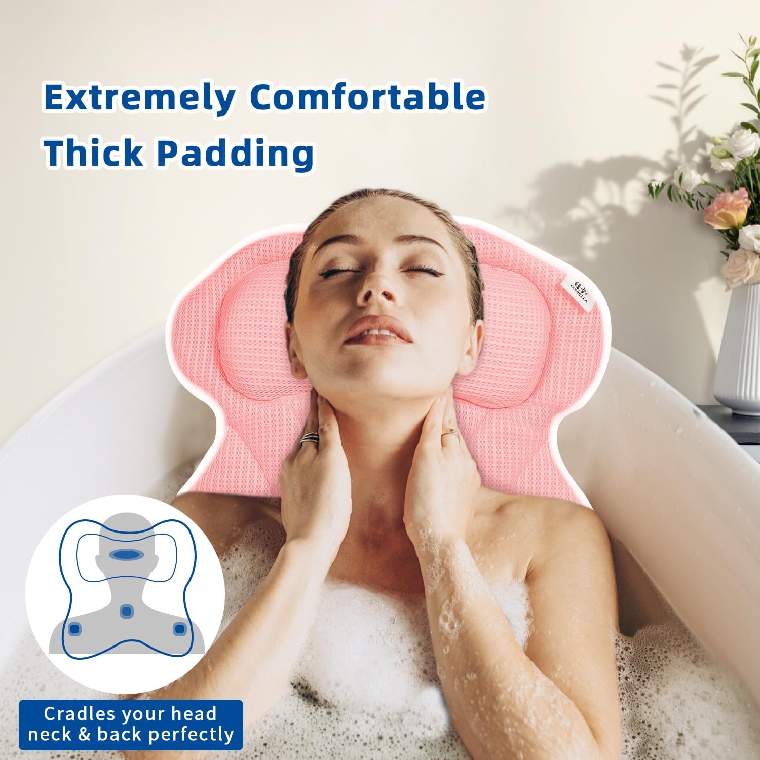 Bath Pillow, Bath Pillows for Tub Neck and Back Support, Bathtub Pillows for Head and Neck with 6 Strong Non-Slip Suction Cups, 4D Air Mesh, Bath Accessories Spa Gifts for Women(Pink)