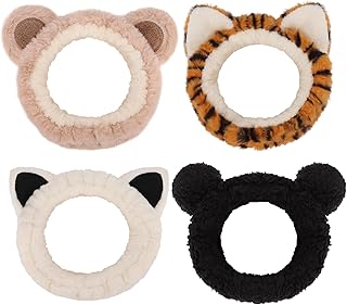 YISSION 4 PCS Plush Animal Headbands for Women & Girls, Cute Fuzzy Spa Headbands with Ears (Bear, Tiger, Cat Styles), Soft Elastic Hair Bands for Washing Face, Makeup, Skincare, Daily Wear