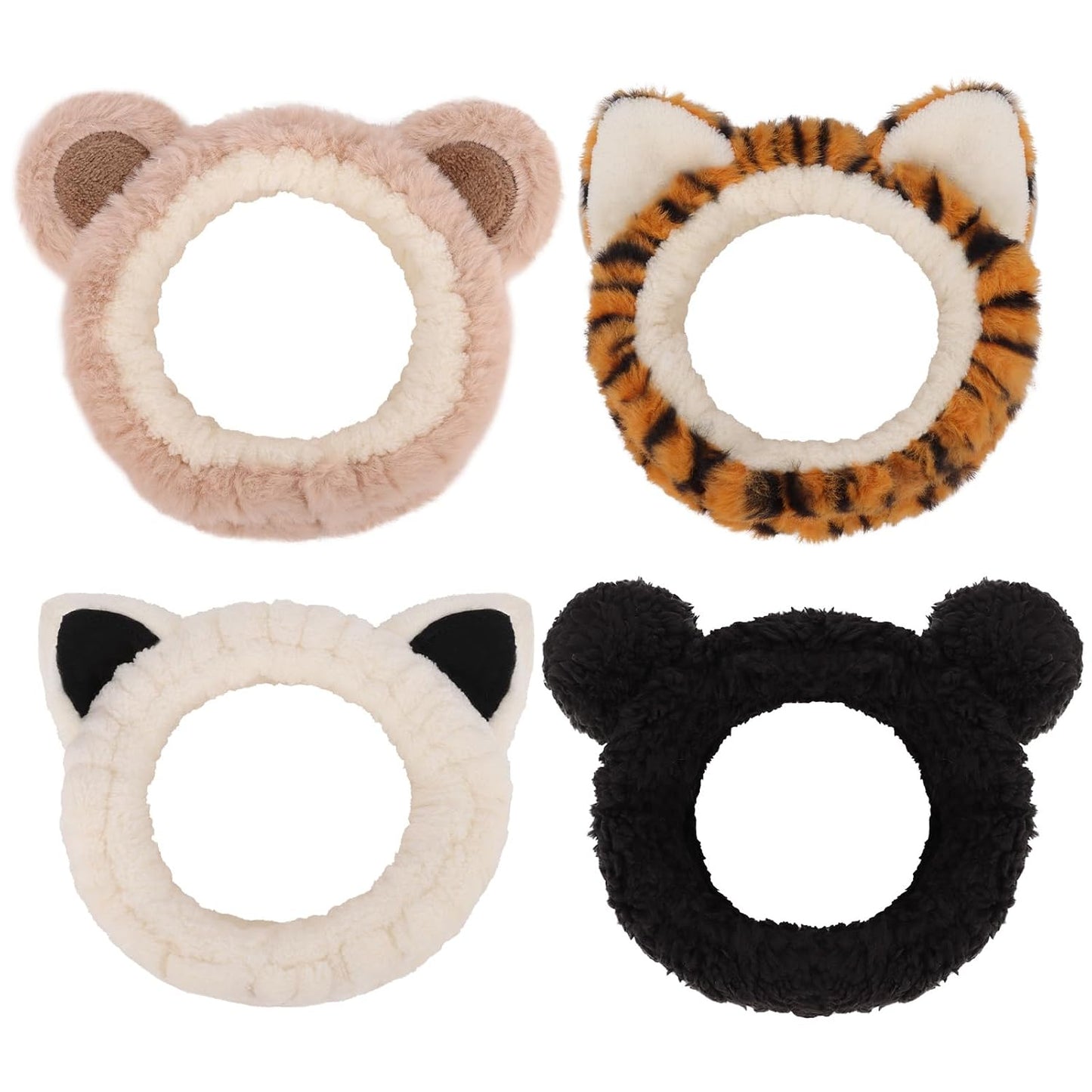 YISSION 4 PCS Plush Animal Headbands for Women & Girls, Cute Fuzzy Spa Headbands with Ears (Bear, Tiger, Cat Styles), Soft Elastic Hair Bands for Washing Face, Makeup, Skincare, Daily Wear