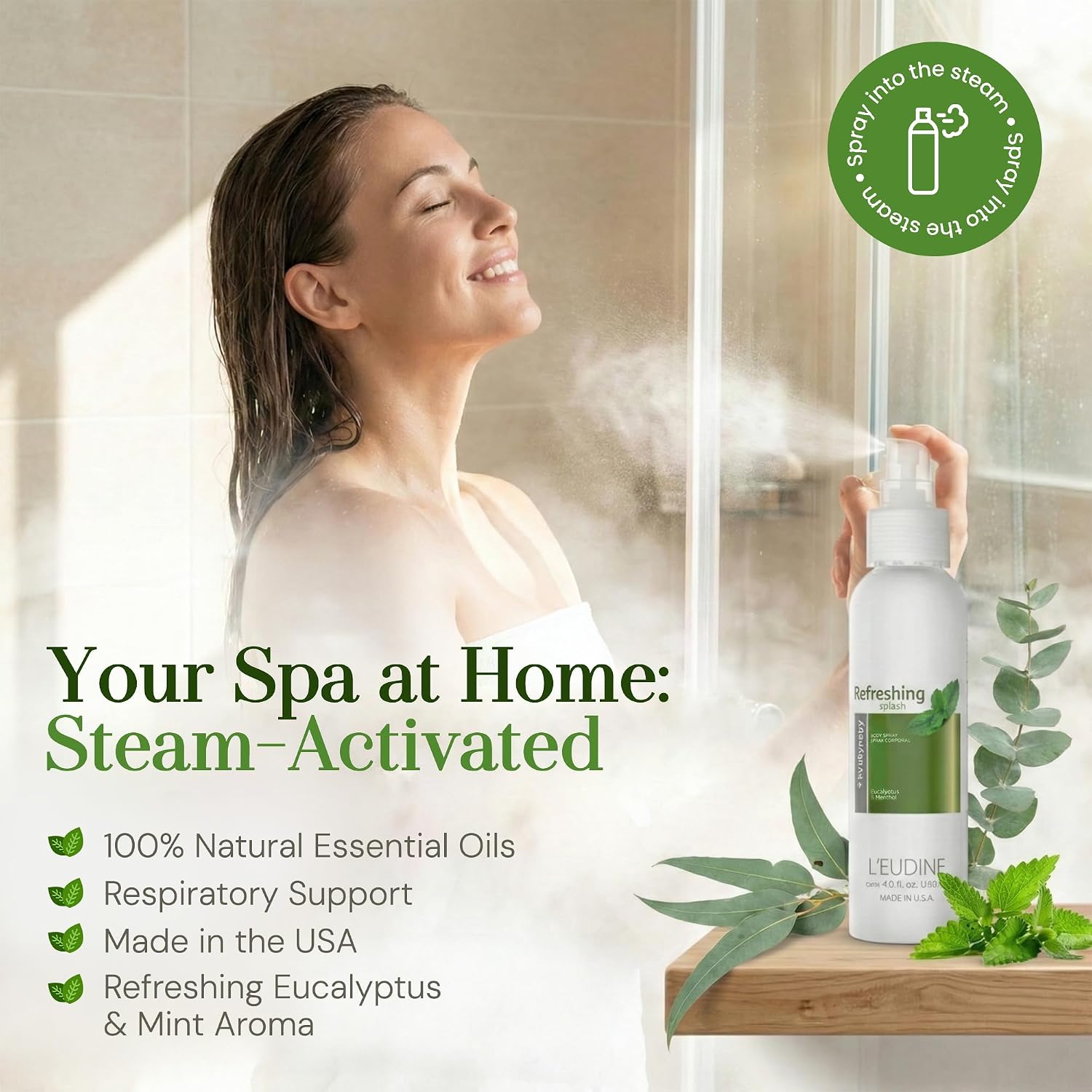 L'EUDINE Refreshing Splash with Eucalyptus Oil-Respiratory Care Body & Room Spray Mint and Aloe Infused Mist for Family Wellness, MultiUse Aromatherapy for Skin, Linens, and Small Spaces, 4 fl oz