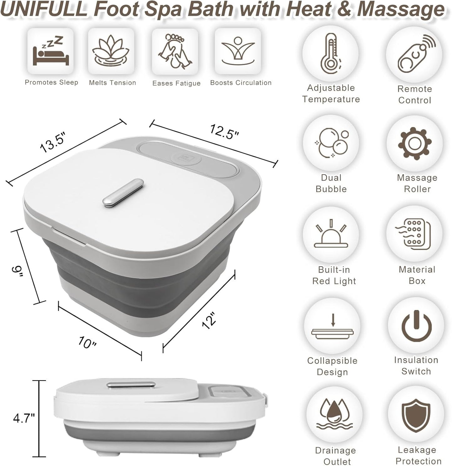 UNIFULL Collapsible Foot Spa Bath with Heat and Massage Rollers, Bubble, Foot Pedicure Kit, Temperature Control, Red Light, Pedicure Foot Spa, Foot Bath