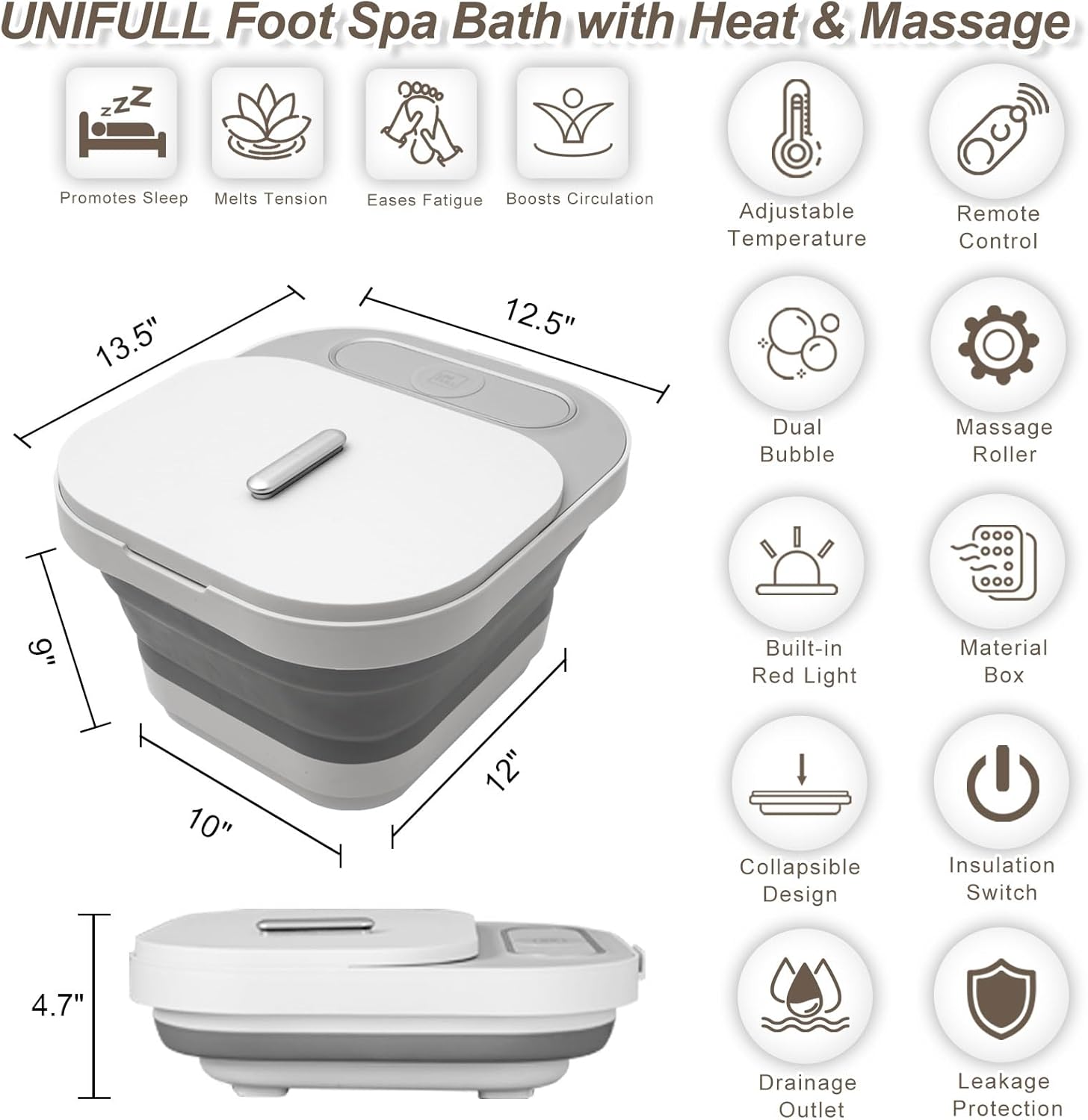 UNIFULL Collapsible Foot Spa Bath with Heat and Massage Rollers, Bubble, Foot Pedicure Kit, Temperature Control, Red Light, Pedicure Foot Spa, Foot Bath
