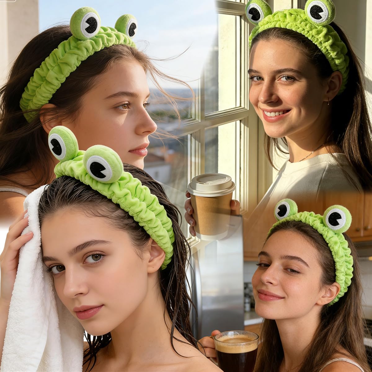 3Pcs Makeup Headband for Women, Spa Hairband with Fluffy Frog Deer Snails Designs Microfiber Head band Face Wash Headband Skincare Hair Accessories for Cosmetic Shower