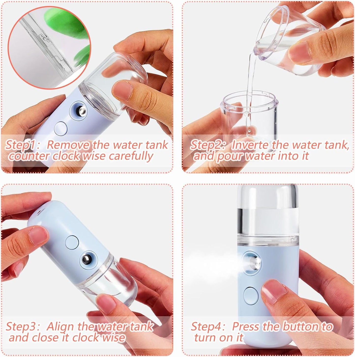 Mudder 4 Pcs Nano Facial Mister Handy Nano Mist Sprayer 30ml Visual Water Tank Portable Face Steamer Mini USB Mister for Lash Extensions, Skin Care, Makeup(Black, Blue, Light Pink, Pink)