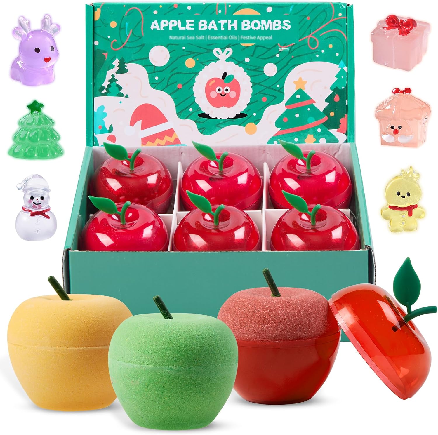 Christmas Bath Bombs for Kids Apple Bath Bombs with Christmas Luminous Mini Resin Toys Inside Christmas Toys All Natural Bath Bomb Christmas Gifts Kids Skin Care Bathbombs
