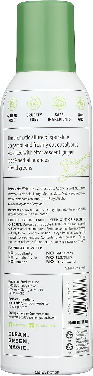 Citrus Magic Herbaceous Odor Eliminating Air Freshener Spray, Bergamot Eucalyptus, 8-Ounce, Pack of 2