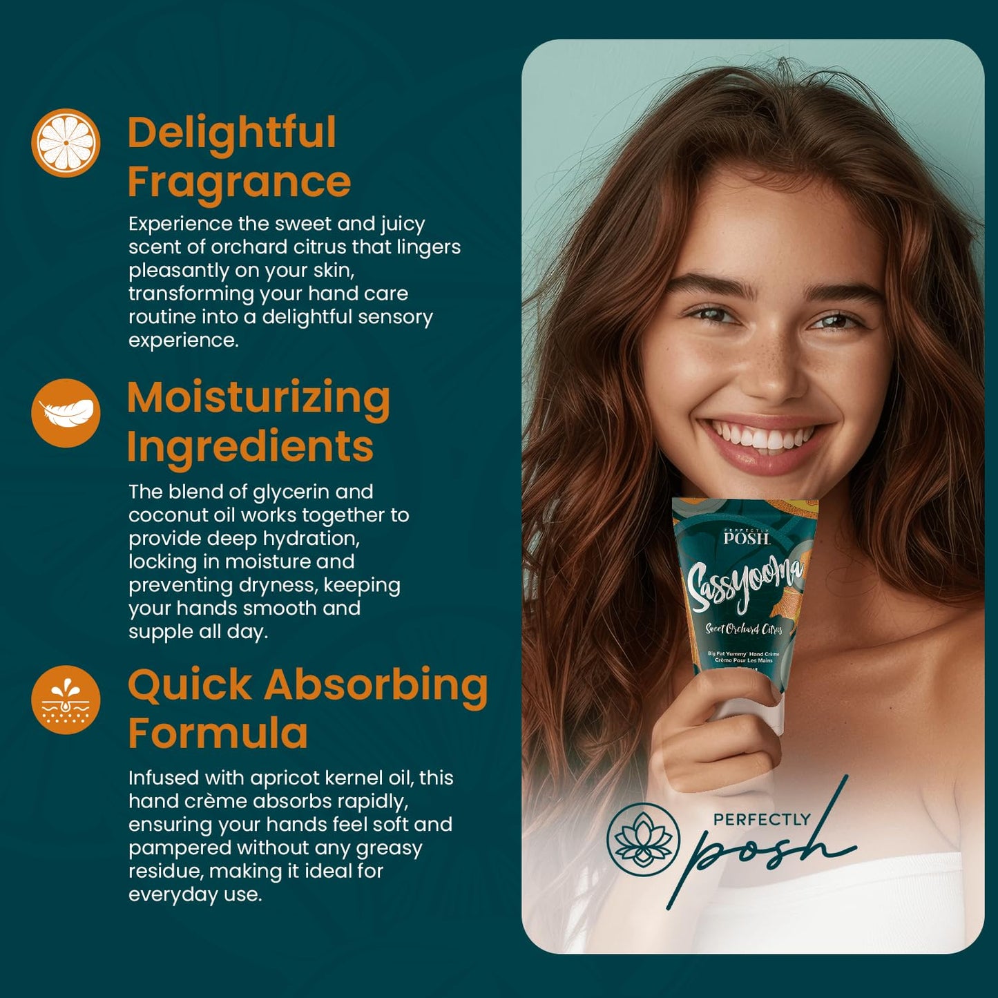 Perfectly Posh - Sassyooma Big Fat Yummy Hand Crème - Non-Greasy Hand Cream with Apricot Kernel Oil, Coconut Oil and Citrus Scent - 89ml