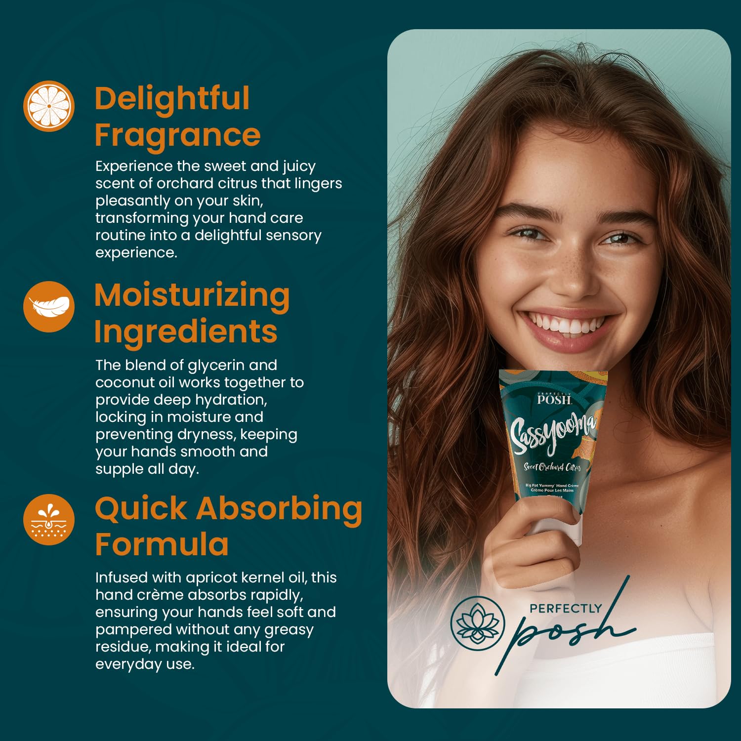 Perfectly Posh - Sassyooma Big Fat Yummy Hand Crème - Non-Greasy Hand Cream with Apricot Kernel Oil, Coconut Oil and Citrus Scent - 89ml