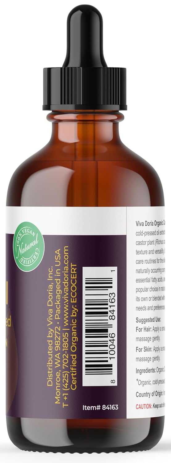 Viva Doria Organic Castor Oil, 4 Fl Oz | Virgin, Cold Pressed, Hexane-Free, Vegan | Nourishing Hair & Skin Care | Eyelash & Brow Serum | Glass Bottle with Dropper Top