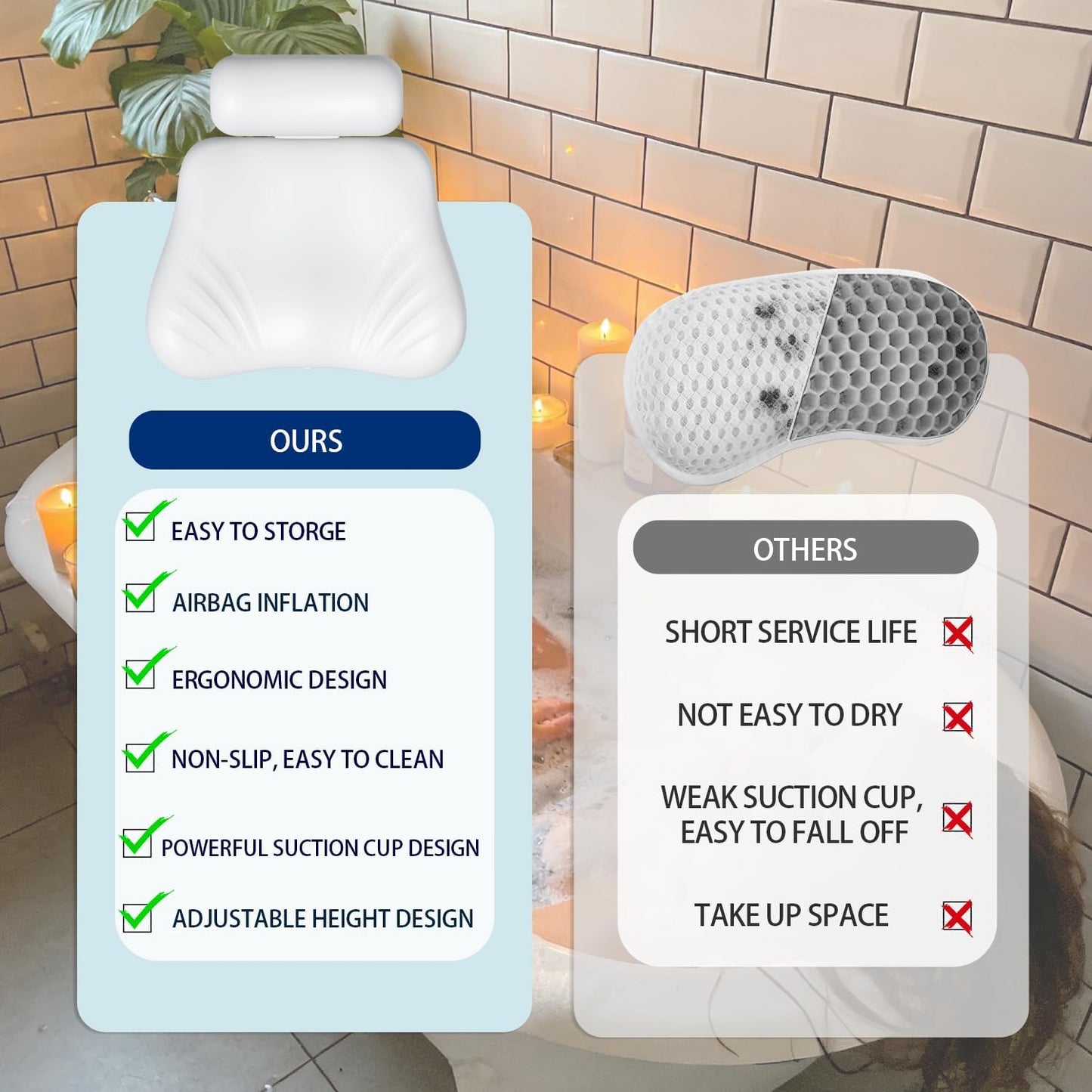 4D Silicone Bath Pillow for Tub, Upgraded Adjustable Bathtub Pillow Head Neck Back Support with Suction Cups, Quick-Dry and Non-Slip Bath Pillow Luxury Bathtub Pillow, Spa Gifts for Women, Mom (White)