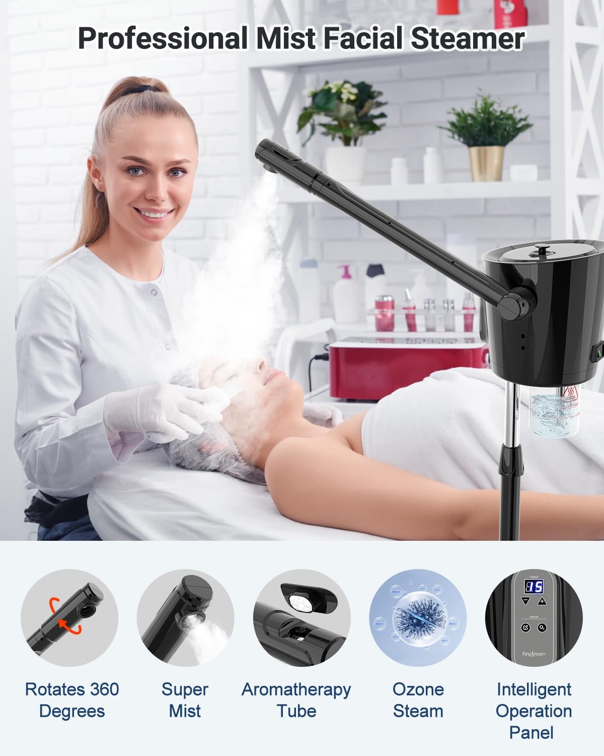 Professional Facial Steamer with Ozone - Ionic Nano Hot Mist Steamer with Large Capacity and 30-Min Timer for Estheticians, Beauty Salons, and Home Skin Care Use