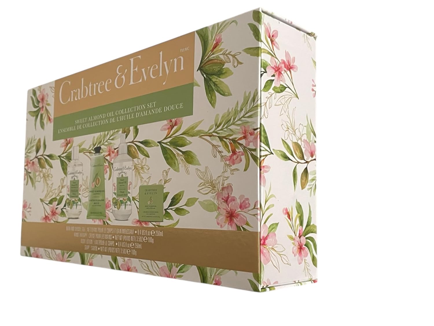 Crabtree & Evelyn Sweet Almond Oil Collection Set (Bath & Shower Gel 8.4 fl oz, Hand Therapy 3.5 oz, Body Lotion 8.4 fl oz, Bar Soap 3.5 oz)
