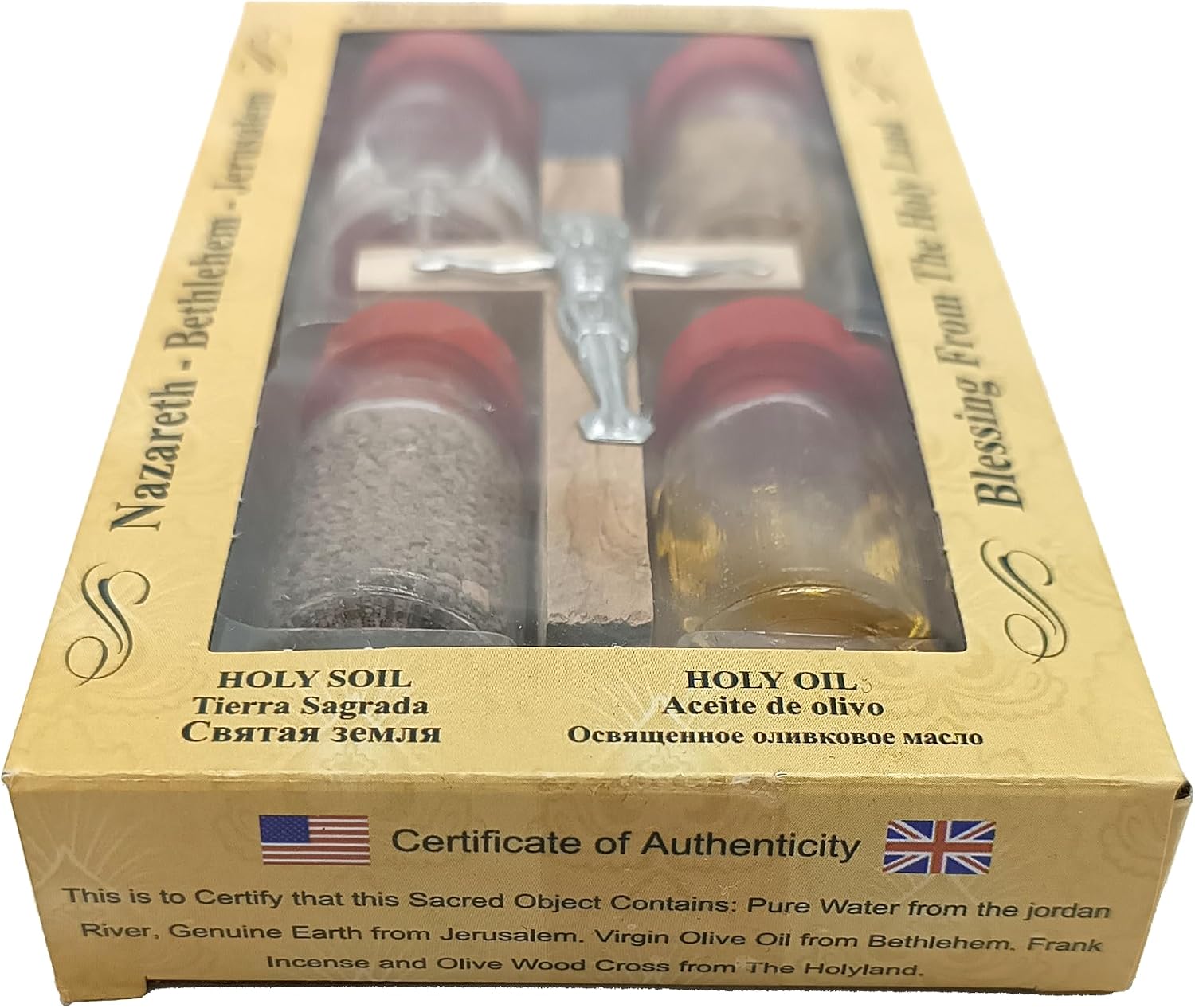 Zuluf Holy Land Set 5 in 1 Olive Wood Cross Set with 4 Bottles - Oil, Jordan Water, Holy Earth and Incense from Jerusalem | Catholic Orthodox Blessing Set from Israel | Religious Israel Gift HLG005
