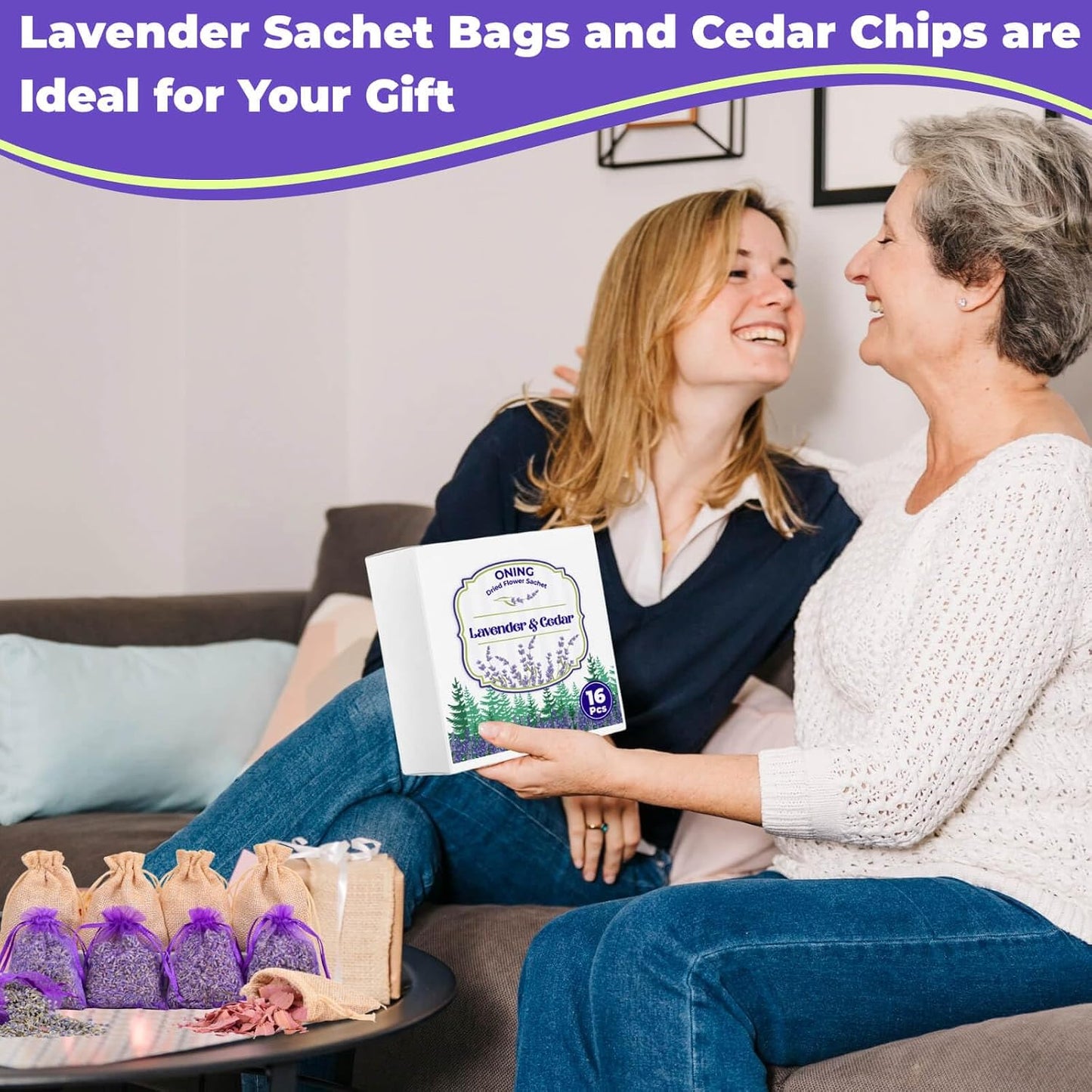 16 Pack Lavender Sachet Bags & Cedar Chips Set - 100% Natural Premium Dried Lavenders Flowers, Cedar Home Fragrance Sachets, Lavenders Sachets for Drawers, Closets, Storage