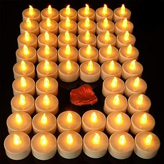 Lasts 2X Longer Flameless Tealight Candles [50 Pack, Batteries Included], Realistic Tea Lights Candles, Flickering Bright Tealights, Battery Operated Unscented Candles