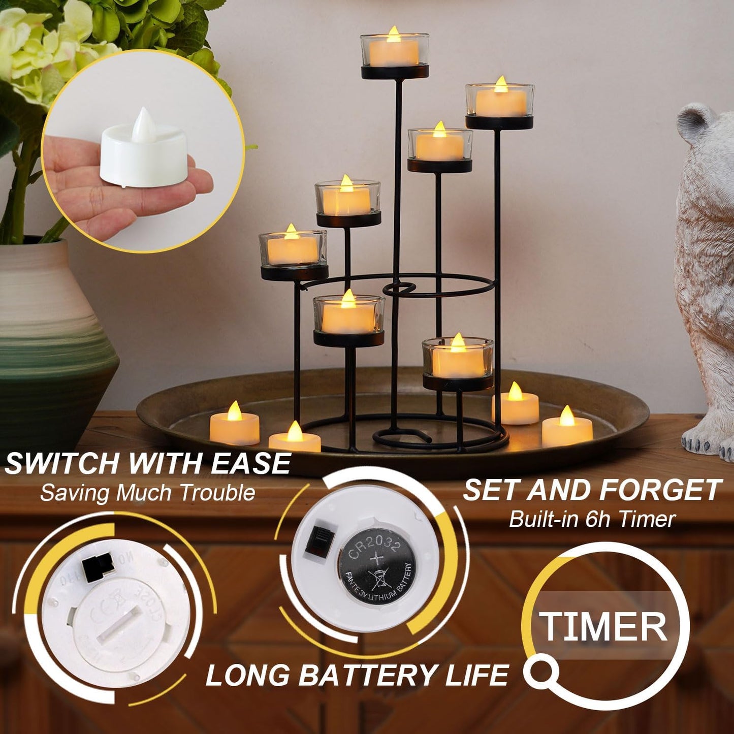 BEICHI Flameless TeaLights Candles with Timer,6 Hours On and 18 Hours Off in 24 Hours Cycle Automatically,Pack of 12 Battery Operated LED Tea Lights Flickering Votive Candles Timer Warm Yellow Light