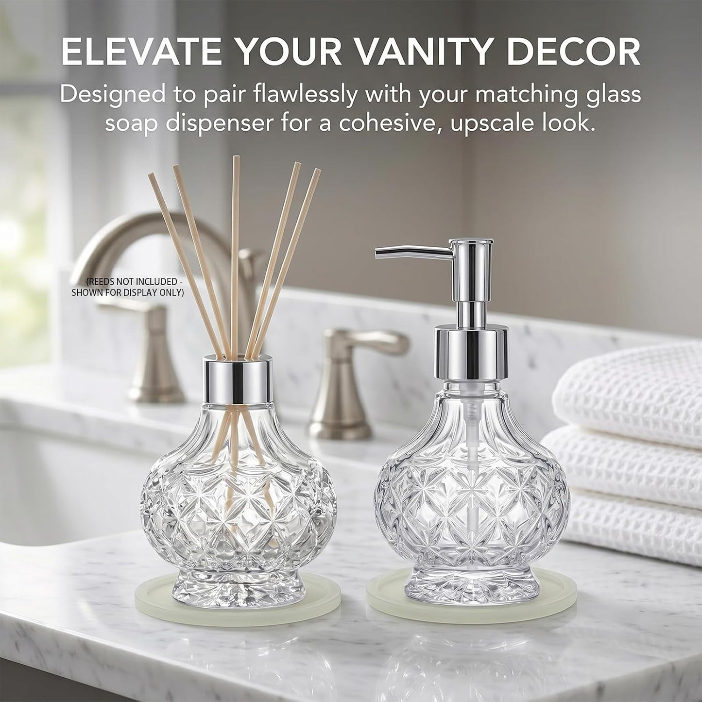 Reed Diffuser Bottle - Empty Glass Diffuser Bottles Refillable Fragrance Oils Jars Gourd Shape with Silver Decorative Hole Cap and Luminous Coaster Mat, 7.5 fl Oz,Clear (Reeds Not Included)