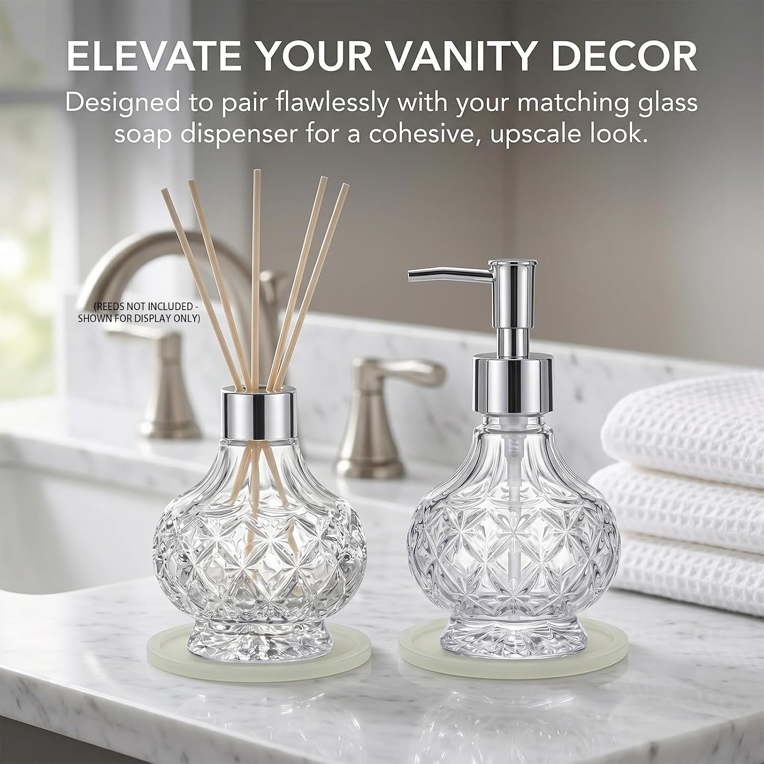 Reed Diffuser Bottle - Empty Glass Diffuser Bottles Refillable Fragrance Oils Jars Gourd Shape with Silver Decorative Hole Cap and Luminous Coaster Mat, 7.5 fl Oz,Clear (Reeds Not Included)