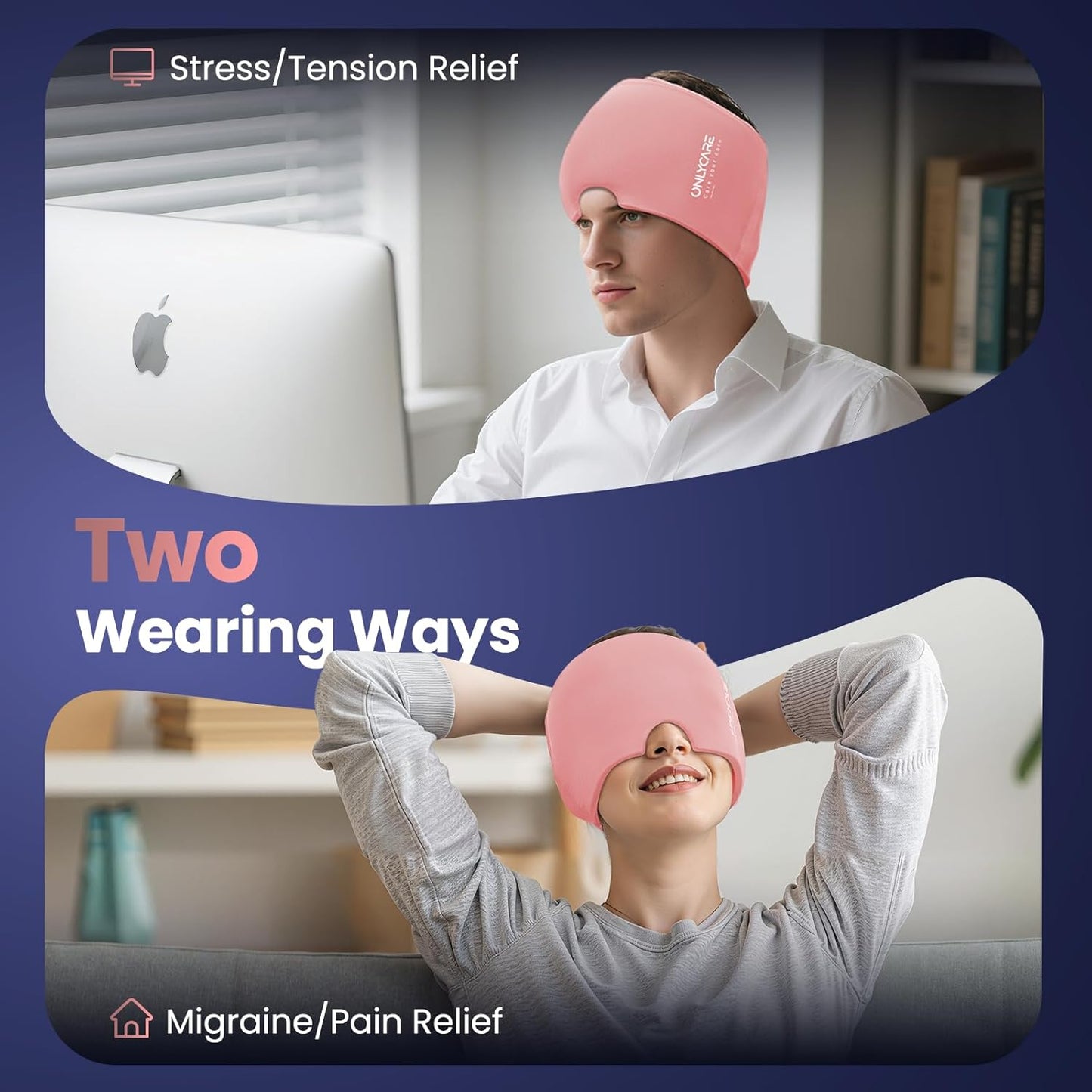 ONLYCARE Migraine Relief Cap, Soothing Headache Ice Face Pack Mask, Headache Relief Hat for Migraine Relief, Cold Compress Head Wrap for Sinus, Tension, Stress & Hangover, Self Care Gifts for Women