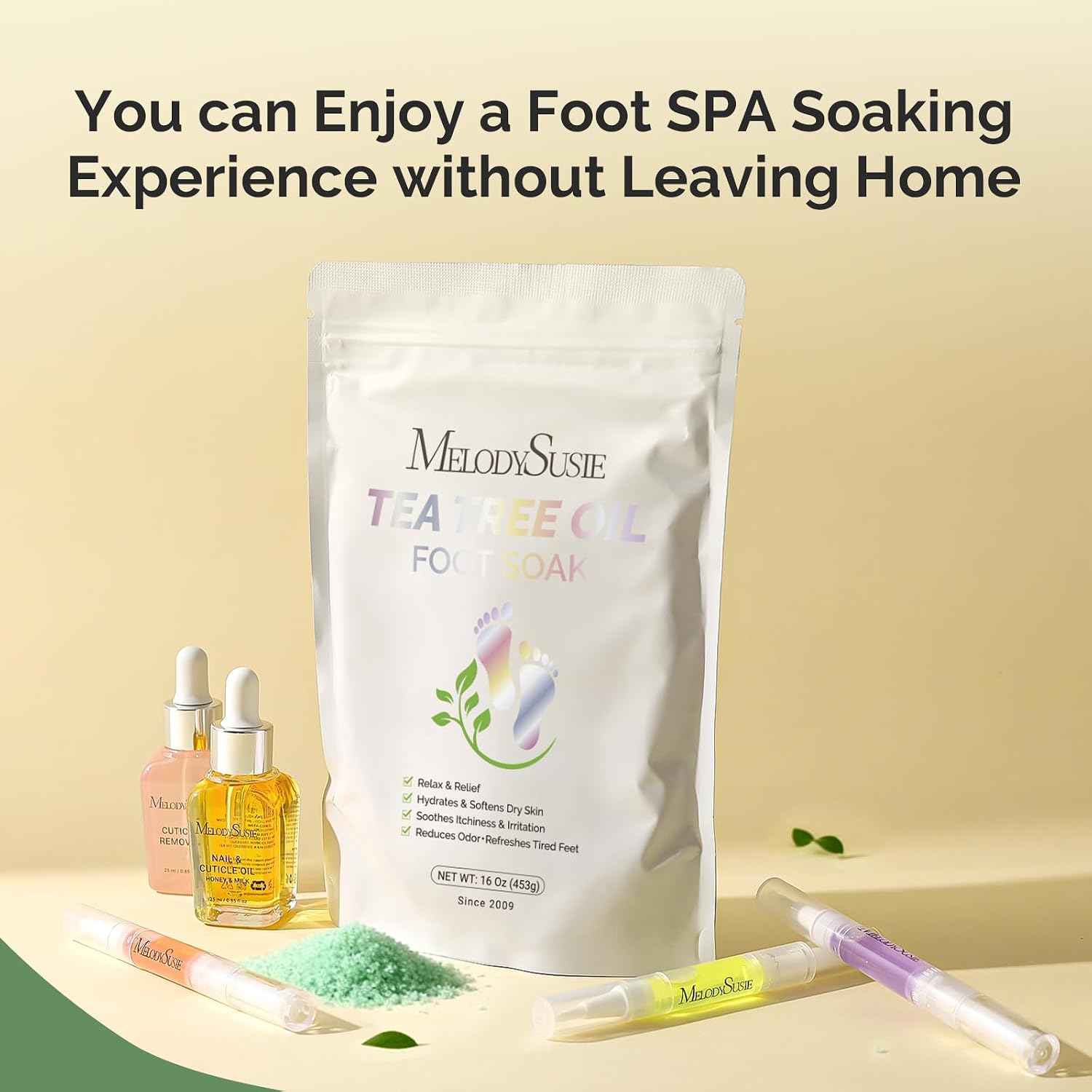 MelodySusie Tea Tree Oil Foot Soak with Sea Salt - Moisturizing Pedicure Treatment for Softening Calluses & Soothing Tired Feet - 16oz Relaxing Foot Bath to Refresh & Rejuvenate 1 Pound