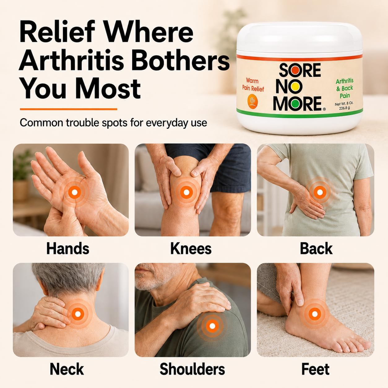 Sore No More Arthritis Pain Reliever Cream – Targeted Warm Relief for Back, Neck, Hands & Feet – Soothing & Fast-Acting Formula for Aches and Pains – Non-Greasy with Orange Aroma – 8 oz
