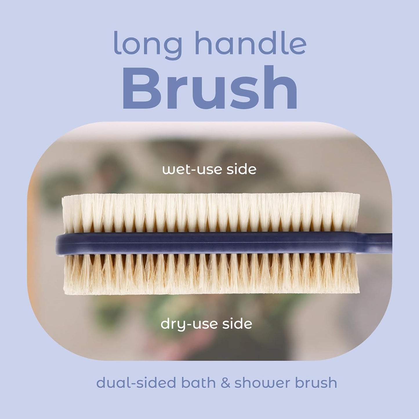 MainBasics Back Scrubber for Shower, Long Handle Body Brush, 15.75 Inch | Dual-Sided Exfoliating and Soft Bristles