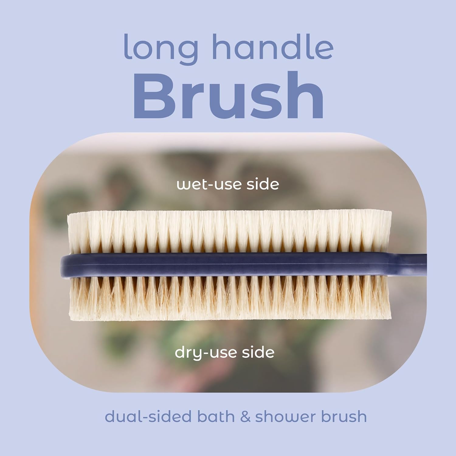 MainBasics Back Scrubber for Shower, Long Handle Body Brush, 15.75 Inch | Dual-Sided Exfoliating and Soft Bristles