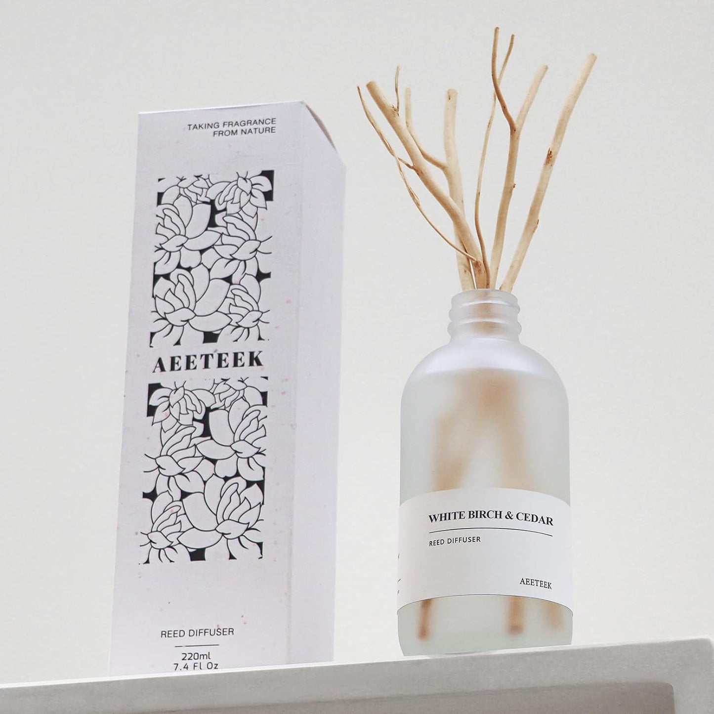 White Birch & Cedar Reed Diffuser, 7.4oz(220ml) Large Bottle Essential Oils, Scented Oil Refill for Waterless Diffuser, Air Freshener for Bathroom with Willow Branches Decor (1-Pack)