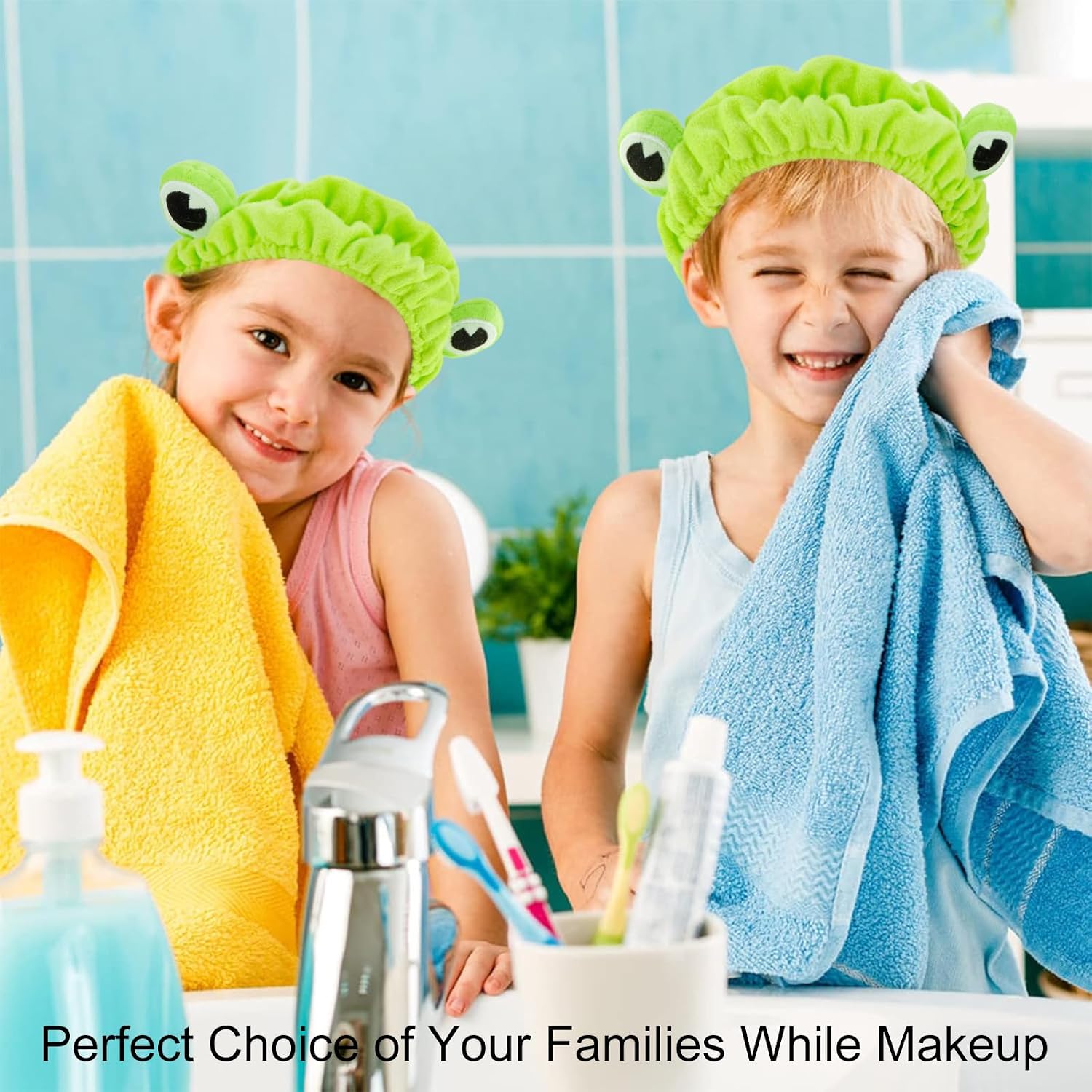 Skincare Headband Frog - 6pcs Set: 2 Green Frog Headbands for Skincare & 4 Wristbands for Washing Face - Non-Slip, Adjustable, Soft Microfiber, Warm Gift for Women, Girls