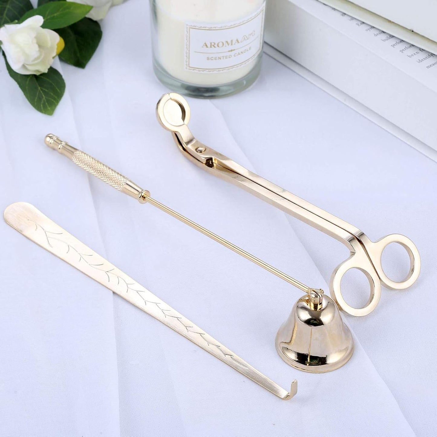 MUXSAM 3 in 1 Candle Tools Candle Accessory Set - Candle Snuffer, Candle Wick Trimmer, Candle Wick Dipper - Candle Cutter Candle Maintenance Kit Gift for Candle Lover(Gold)