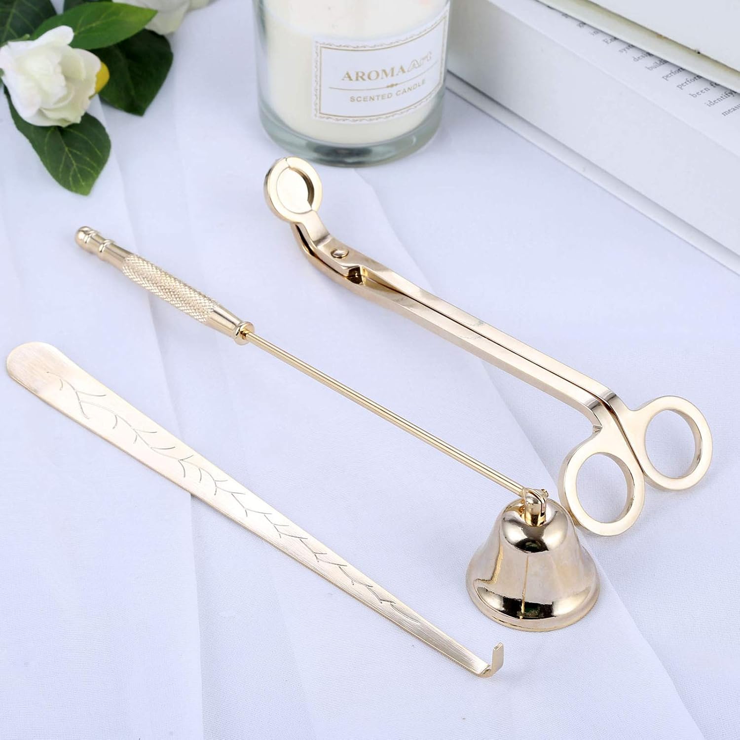 MUXSAM 3 in 1 Candle Tools Candle Accessory Set - Candle Snuffer, Candle Wick Trimmer, Candle Wick Dipper - Candle Cutter Candle Maintenance Kit Gift for Candle Lover(Gold)