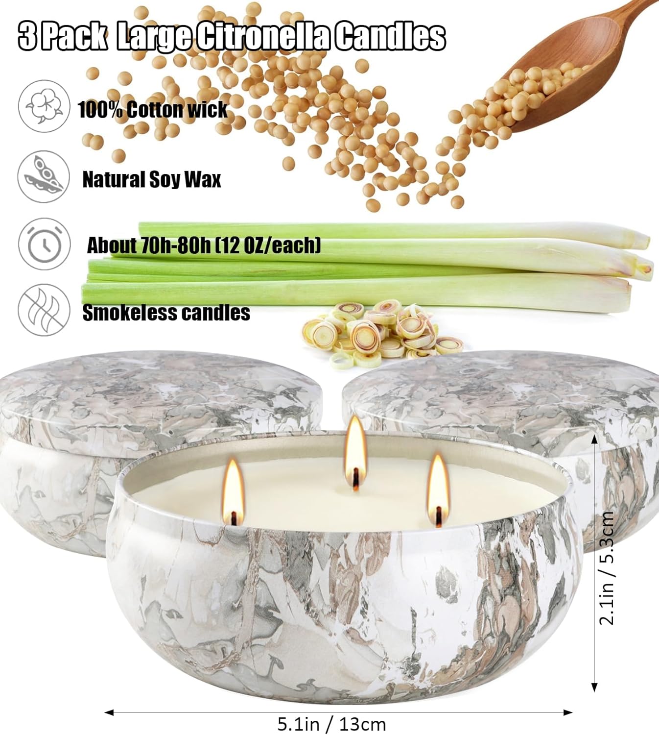 Citronella Candles Outdoor, 3 Pack 12oz Large Citronella Candle 3-Wick Natural Soy Wax Summer Candle Set 240 Hours Long Lasting Burning Huge Scented Outdoor Indoor Candles for Garden Yard (Gray)
