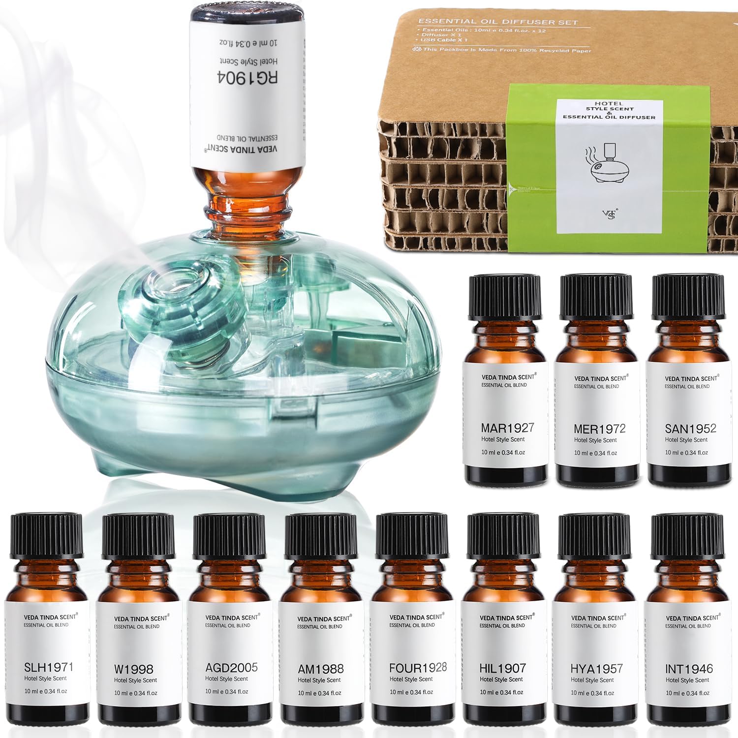 Waterless Diffuser with 12 Pack Hotel Fragrance Oils, Battery Operated Nebulising Diffuser for Home, Luxury Essential Oil Scents Inspired by 5-Star Hotels, Aromatherapy Gift Set