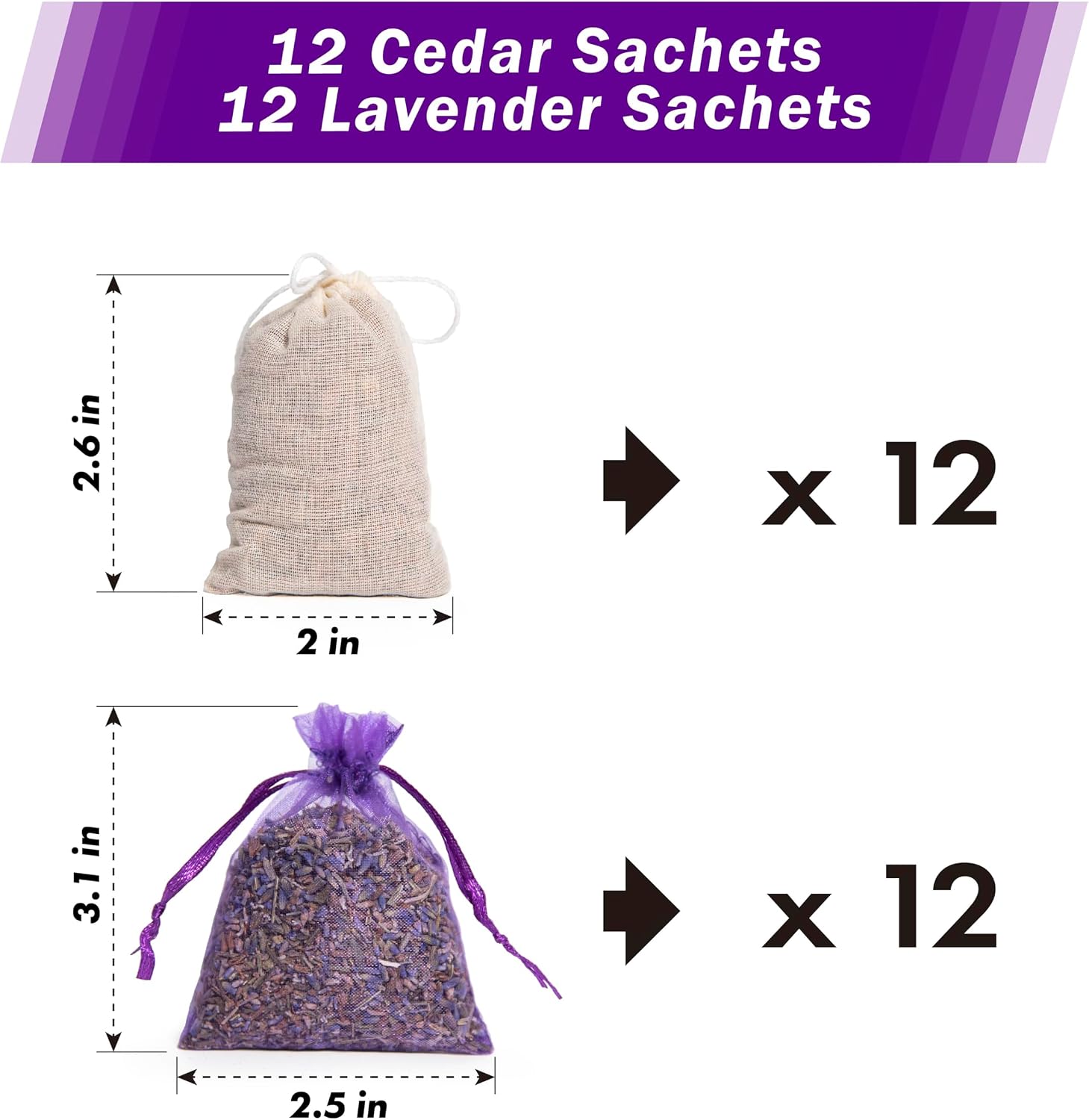 Lavande Sur Terre Pack of 24 Cedar Chips and Lavender Sachets (12 Lavender, 12 Cedar) - Home Fragrance Sachet for Drawers and Closets, LV-F-LC-1