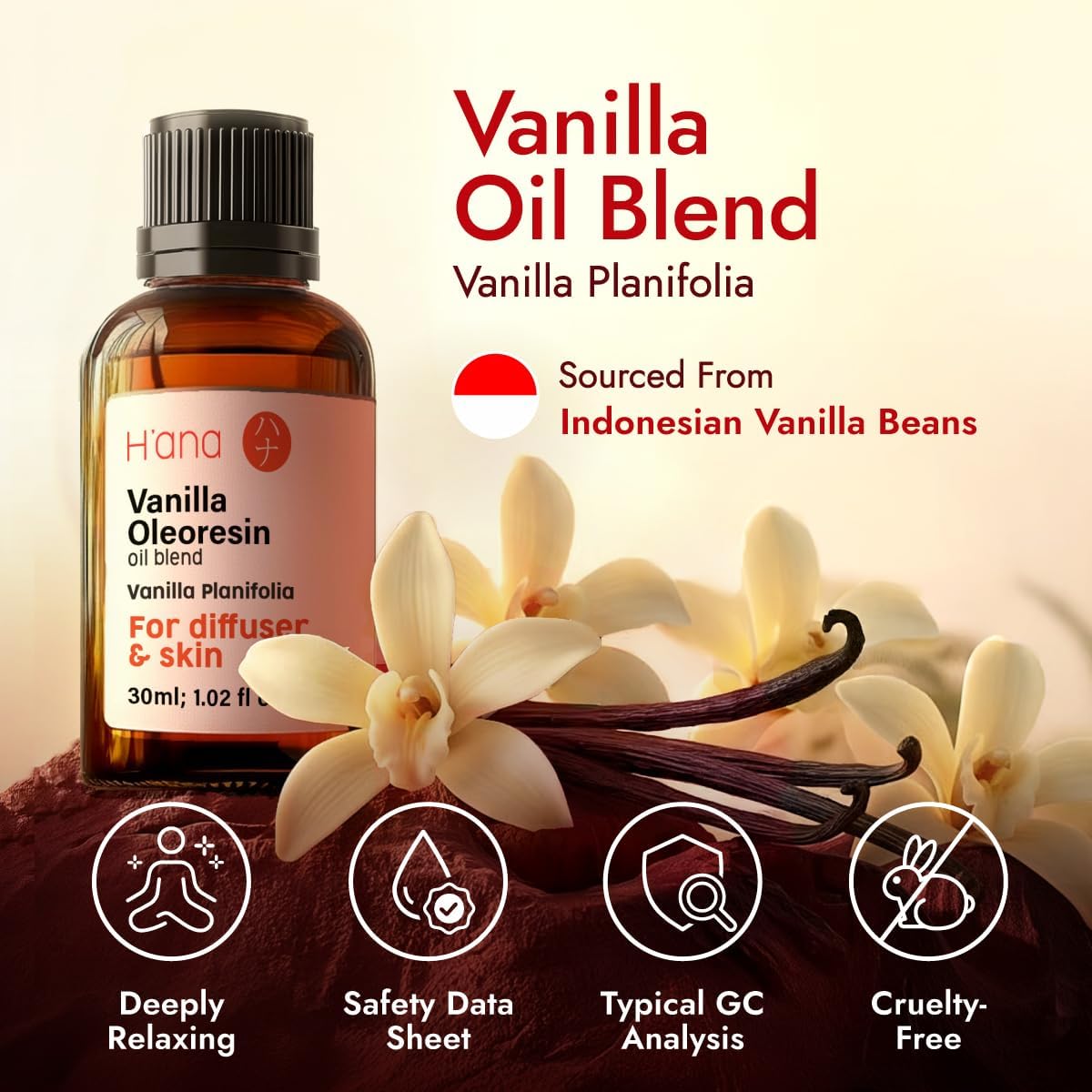 H'ana Vanilla Oil - 1.02 Fl Oz Vanilla Essential Oil for Hair, Skin, Diffuser, Aromatherapy & DIY