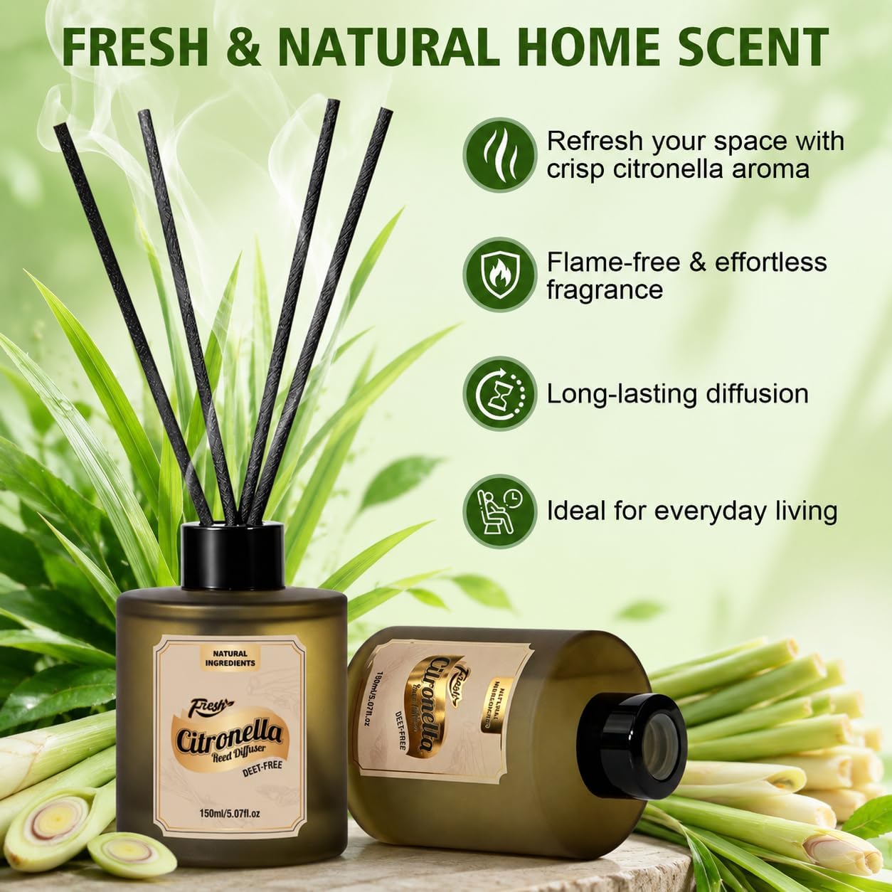 SCENTORINI Citronella Reed Diffuser Set, Summer 10 oz Natural Lemongrass Essential Oil with 12 Sticks, Long Lasting Home Fragrance for Bedroom, Bathroom, Patio, Camping, Courtyard, Pool, Outdoor Use