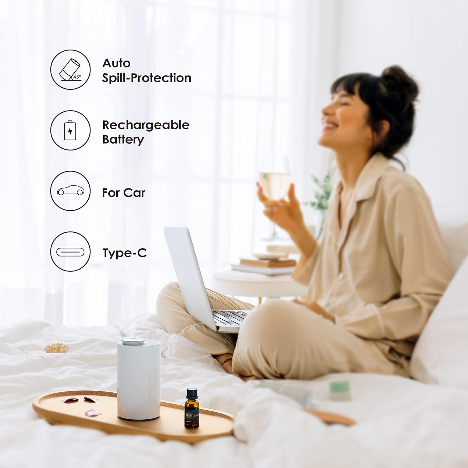 Airversa Waterless Diffuser for Essential Oil, Car Diffsuer, Battery Operated Nebulizer, 0.7 Fl Oz/ 20mL, Mini Scent Air Machine, 3 Timers & 3 Mist Levels for Home, Room, Car, Office - AN6 White