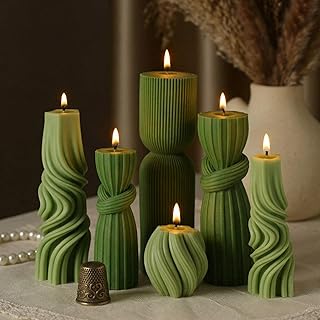 Threlaco 6 Pcs Pillar Candles Decorative Modern Aesthetic Ribbed Candle Set Cute Soy Wax Scented Ribbed Decor Commemorative Gift for Home Decoration(Green, 2.36-6.89 Inch)