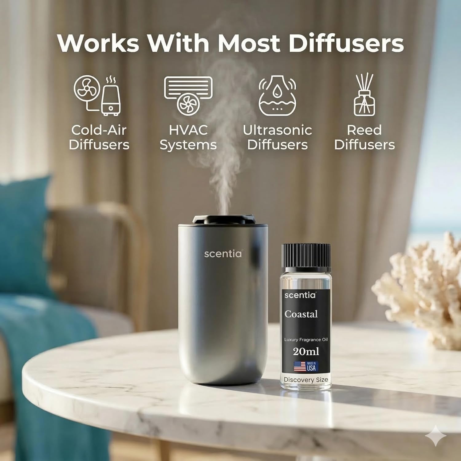 Scentia Coastal (Cabana) Aromatherapy Oil for Diffuser – Hotel Scent Inspired by 5-Star Spa – 20 mL – Jasmine, Bergamot & Sea Breeze Natural Fragrance Oil for Waterless & Cold Air Diffusers