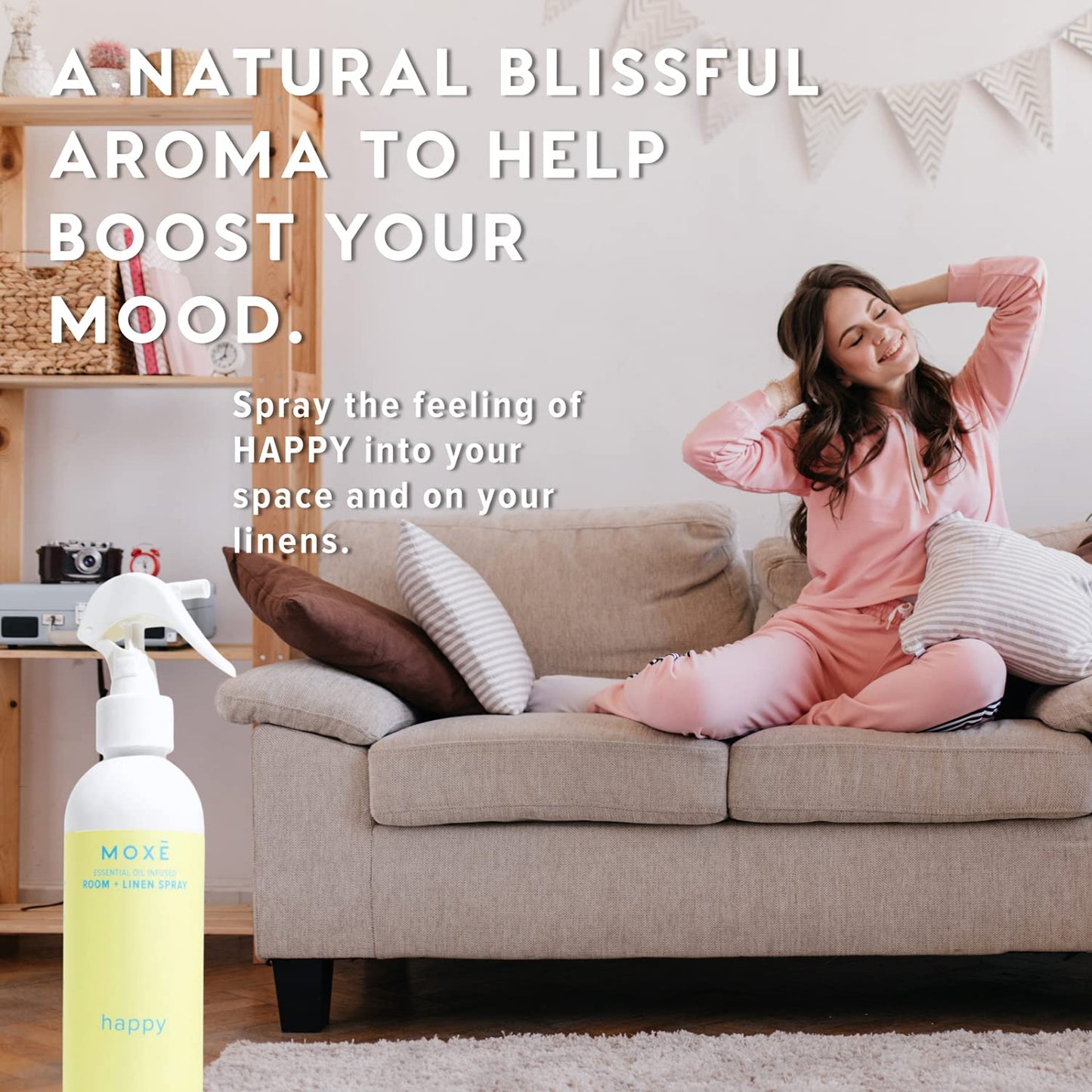 MOXĒ Happy Linen & Room Spray, Uplifting Essential Oils, Natural Aromatherapy Mist, Home & Bedroom, Office, Furniture, Bedding, Pillows, Sheets, Cinnamon, Sweet Fennel, Sage, Thyme, 8 Ounces (1 Pack)