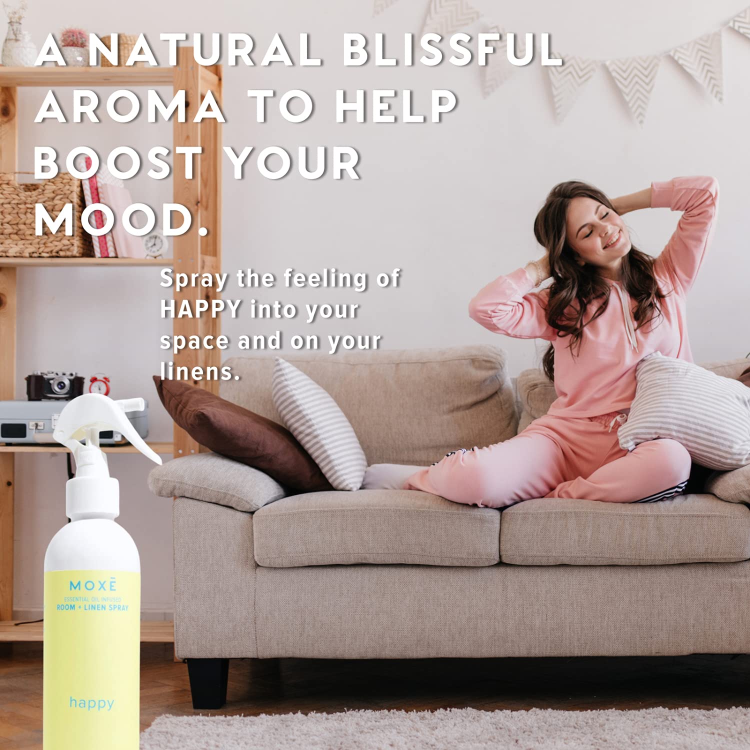 MOXĒ Happy Linen & Room Spray, Uplifting Essential Oils, Natural Aromatherapy Mist, Home & Bedroom, Office, Furniture, Bedding, Pillows, Sheets, Cinnamon, Sweet Fennel, Sage, Thyme, 8 Ounces (1 Pack)