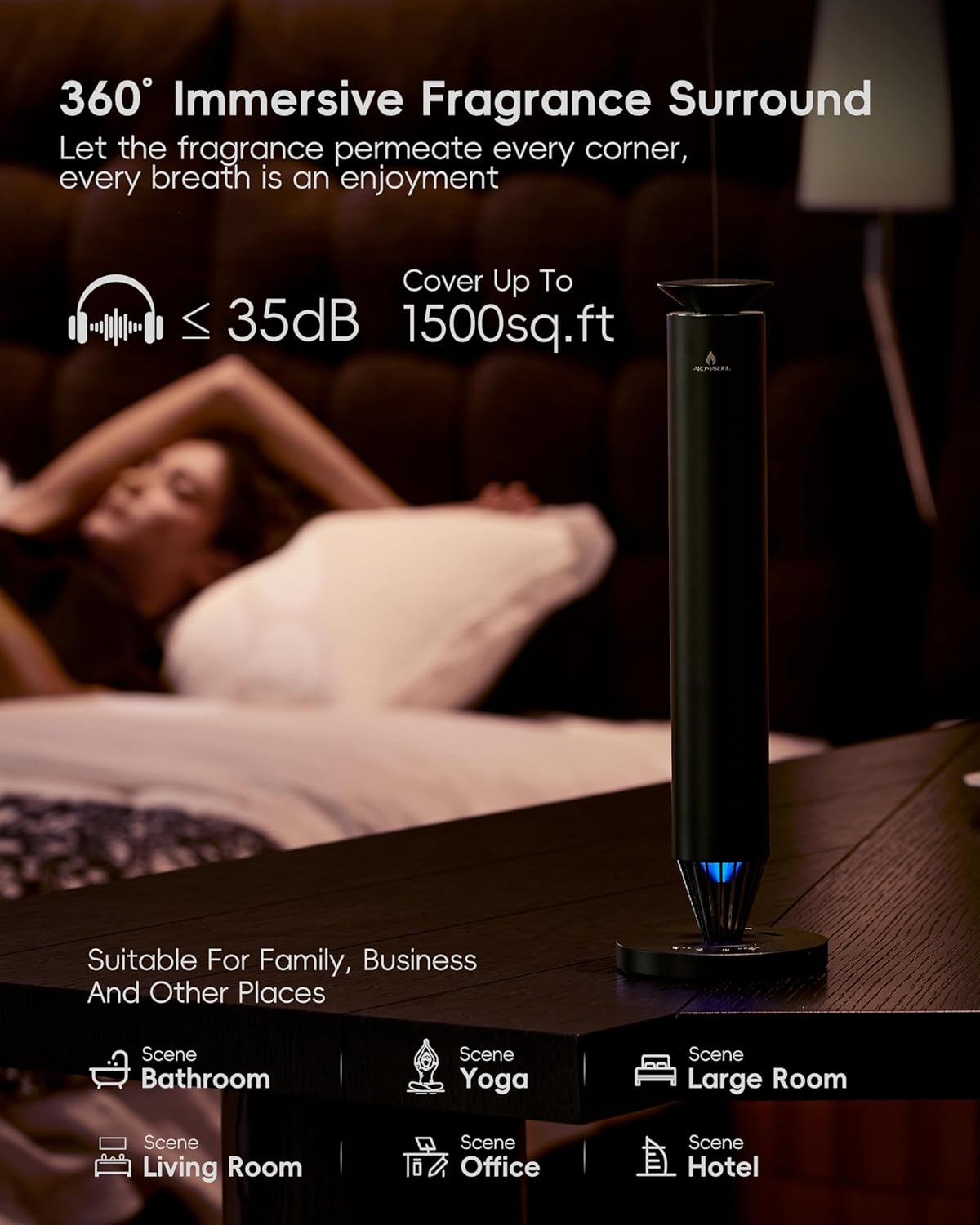 Wireless Rechargeable Hotel Scent Diffuser Starter Kit - 1500 Sq Ft Coverage, Alloy Atomization System,Mood Light,Waterless Oil Diffuser, Including 120ml Essential Oil, for Home,Large Room,Spa,Black